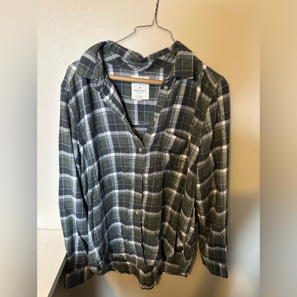 Green and White American Eagle Flannel Shirt